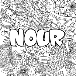 Coloring page first name NOUR - Fruits mandala background