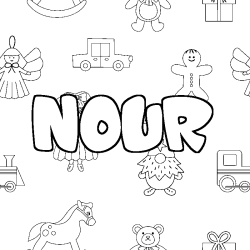 Coloring page first name NOUR - Toys background