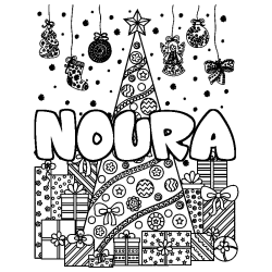 Coloring page first name NOURA - Christmas tree and presents background