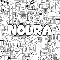 Coloring page first name NOURA - City background