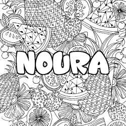 Coloring page first name NOURA - Fruits mandala background