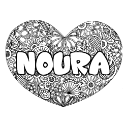 Coloring page first name NOURA - Heart mandala background