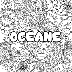 Coloring page first name OCÉANE - Fruits mandala background