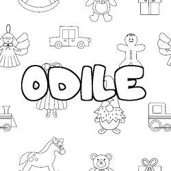 Coloring page first name ODILE - Toys background