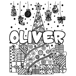 Coloring page first name OLIVER - Christmas tree and presents background