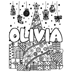 Coloring page first name OLIVIA - Christmas tree and presents background