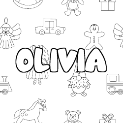 Coloring page first name OLIVIA - Toys background