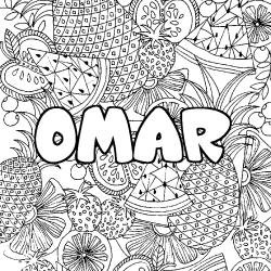 Coloring page first name OMAR - Fruits mandala background