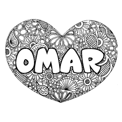 Coloring page first name OMAR - Heart mandala background