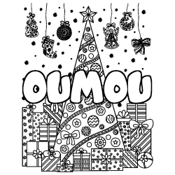 Coloring page first name OUMOU - Christmas tree and presents background
