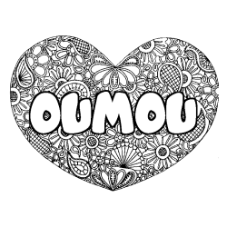 Coloring page first name OUMOU - Heart mandala background