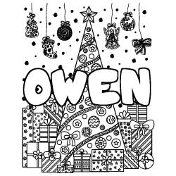 Coloring page first name OWEN - Christmas tree and presents background