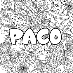 Coloring page first name PACO - Fruits mandala background