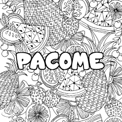 Coloring page first name PACOME - Fruits mandala background