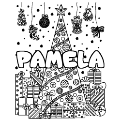 Coloring page first name PAMELA - Christmas tree and presents background