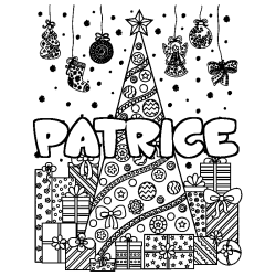 Coloring page first name PATRICE - Christmas tree and presents background