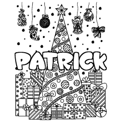 Coloring page first name PATRICK - Christmas tree and presents background