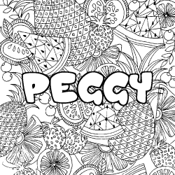 Coloring page first name PEGGY - Fruits mandala background