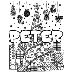 Coloring page first name PETER - Christmas tree and presents background