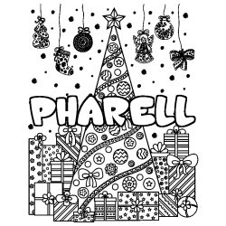 Coloring page first name PHARELL - Christmas tree and presents background