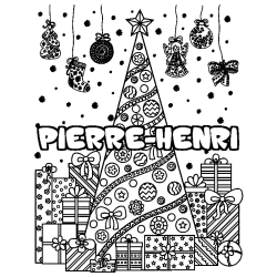 Coloring page first name PIERRE-HENRI - Christmas tree and presents background