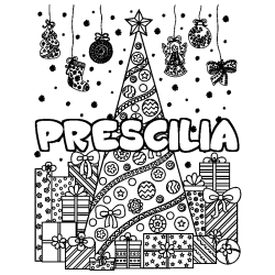Coloring page first name PRESCILIA - Christmas tree and presents background