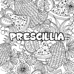 Coloring page first name PRESCILLIA - Fruits mandala background