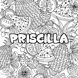 Coloring page first name PRISCILLA - Fruits mandala background