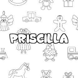 Coloring page first name PRISCILLA - Toys background