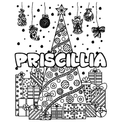 Coloring page first name PRISCILLIA - Christmas tree and presents background