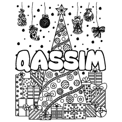 Coloring page first name QASSIM - Christmas tree and presents background