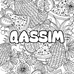 Coloring page first name QASSIM - Fruits mandala background