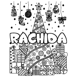 Coloring page first name RACHIDA - Christmas tree and presents background