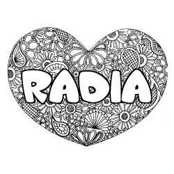 Coloring page first name RADIA - Heart mandala background