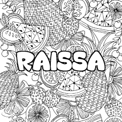 Coloring page first name RAISSA - Fruits mandala background