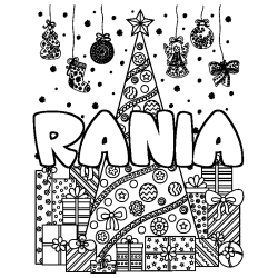 Coloring page first name RANIA - Christmas tree and presents background