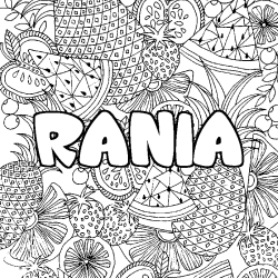 Coloring page first name RANIA - Fruits mandala background