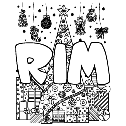 Coloring page first name RIM - Christmas tree and presents background