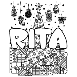 Coloring page first name RITA - Christmas tree and presents background