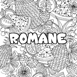 Coloring page first name ROMANE - Fruits mandala background