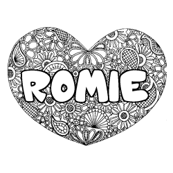Coloring page first name ROMIE - Heart mandala background