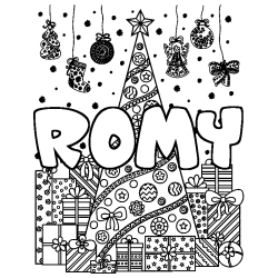 Coloring page first name ROMY - Christmas tree and presents background