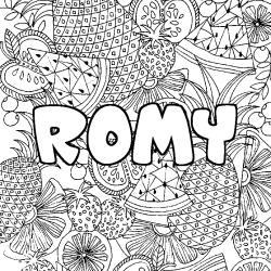 Coloring page first name ROMY - Fruits mandala background