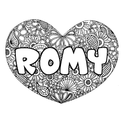 Coloring page first name ROMY - Heart mandala background