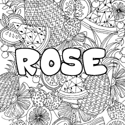 Coloring page first name ROSE - Fruits mandala background