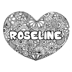 Coloring page first name ROSELINE - Heart mandala background