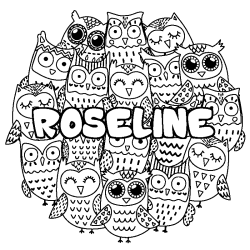 Coloring page first name ROSELINE - Owls background