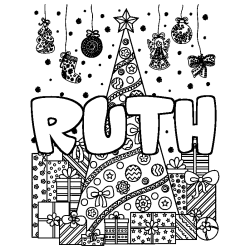 Coloring page first name RUTH - Christmas tree and presents background