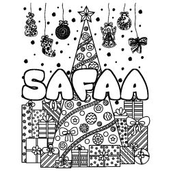 Coloring page first name SAFAA - Christmas tree and presents background