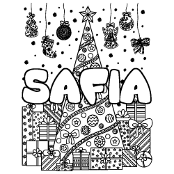 Coloring page first name SAFIA - Christmas tree and presents background